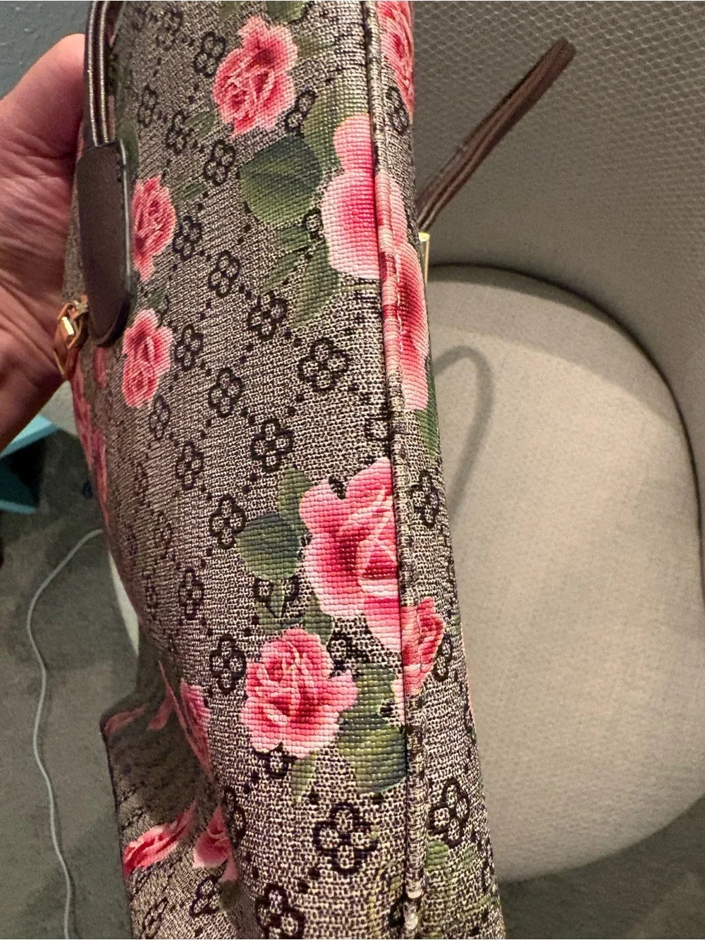 2 Floral Print Tote Bags in Pink and Brown leather - Picture 11 of 13